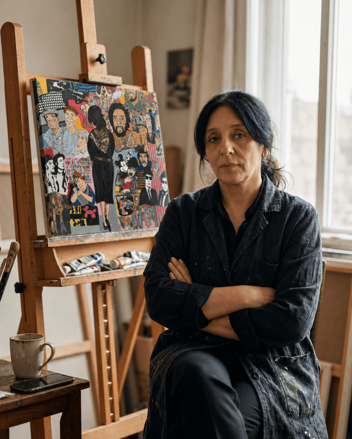 Nino Devdariani in the studio with painting materials